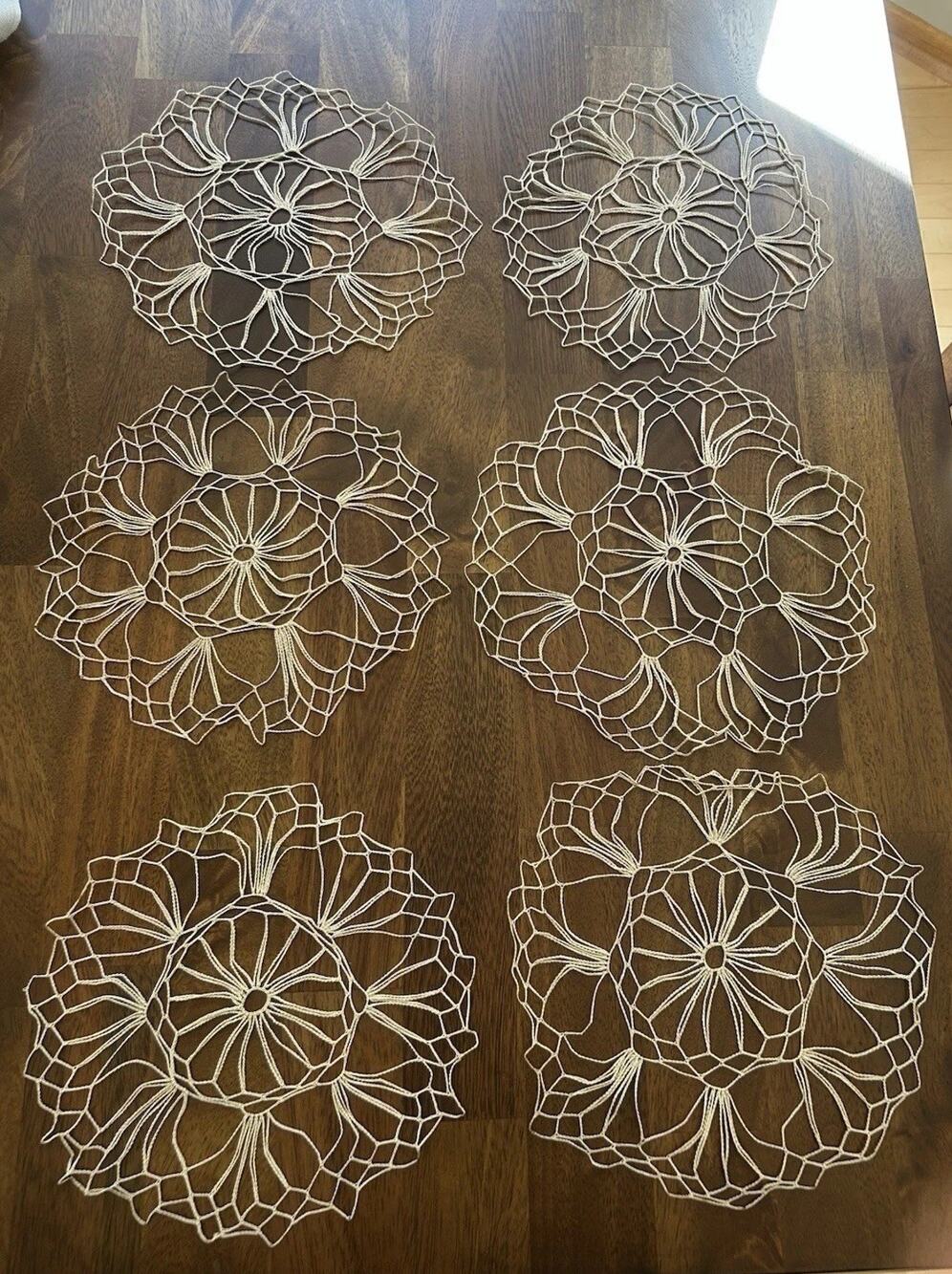 Lot of 6 Vintage Handmade Crochet Doilies Cream Ecru Lattice Spoke OPEN WORK Q26